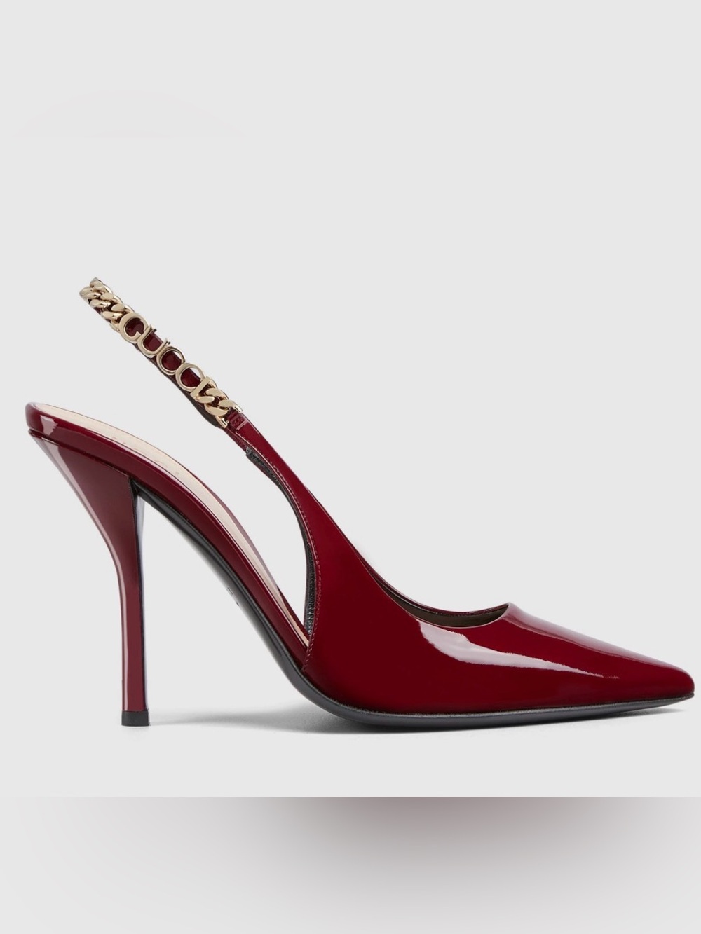 Gucci Burgundy Patent Leather Pointed Slingback Heels with Chain